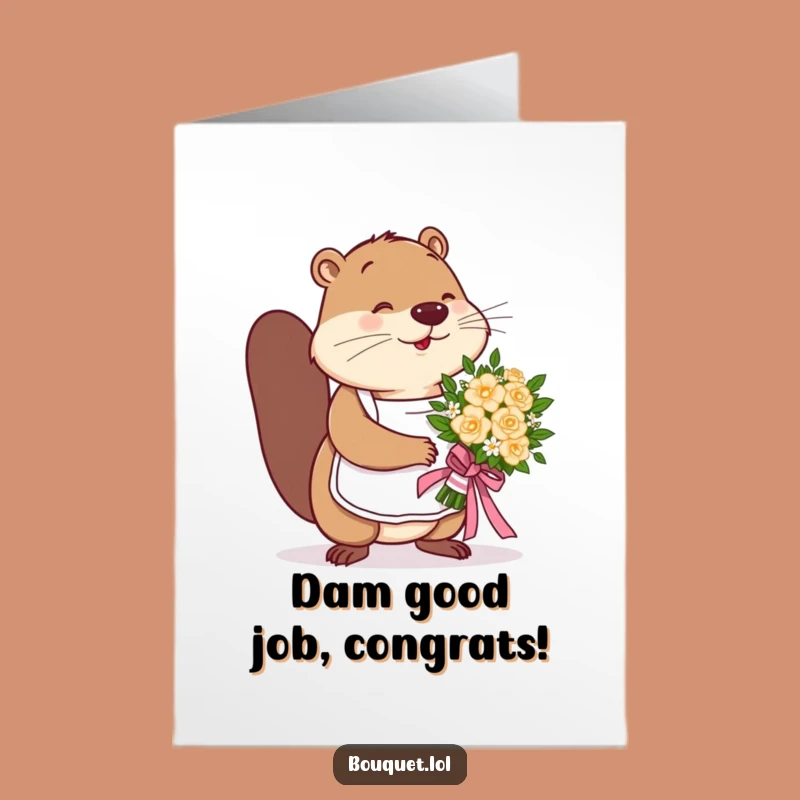 Free Printable Congrats Card: Beaver Tying Ribbon Funny Downloadable Celebration