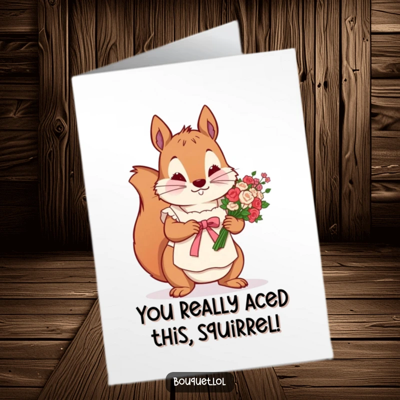 Funny Free Printable Congrats Card: Determined squirrel wearing an apron, tying a ribbon around a flower bunch.