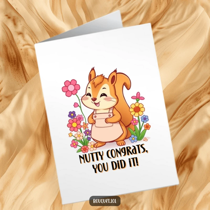 Funny Free Printable Congratulations Card: Energetic squirrel in apron arranging a vibrant bouquet, perfect for celebrating wins.