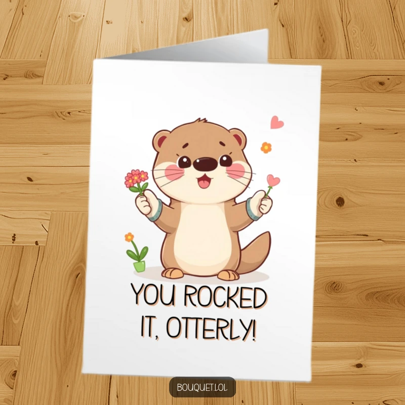 Funny Free Printable Congrats Card: Playful otter wearing gardening gloves, joyfully tossing a bouquet into the air.