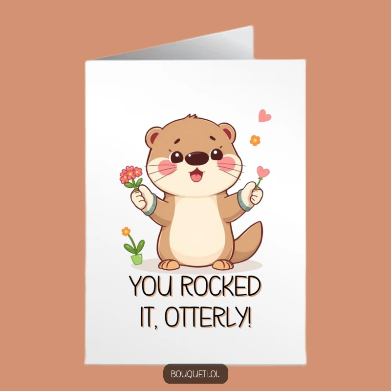 Free Printable Congrats Card: Funny Otter Celebration, Playful Flower Toss Downloadable