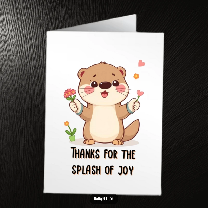 Funny Free Printable Thank You Card: Playful otter in gardening gloves tossing a small bouquet, expressing thanks.