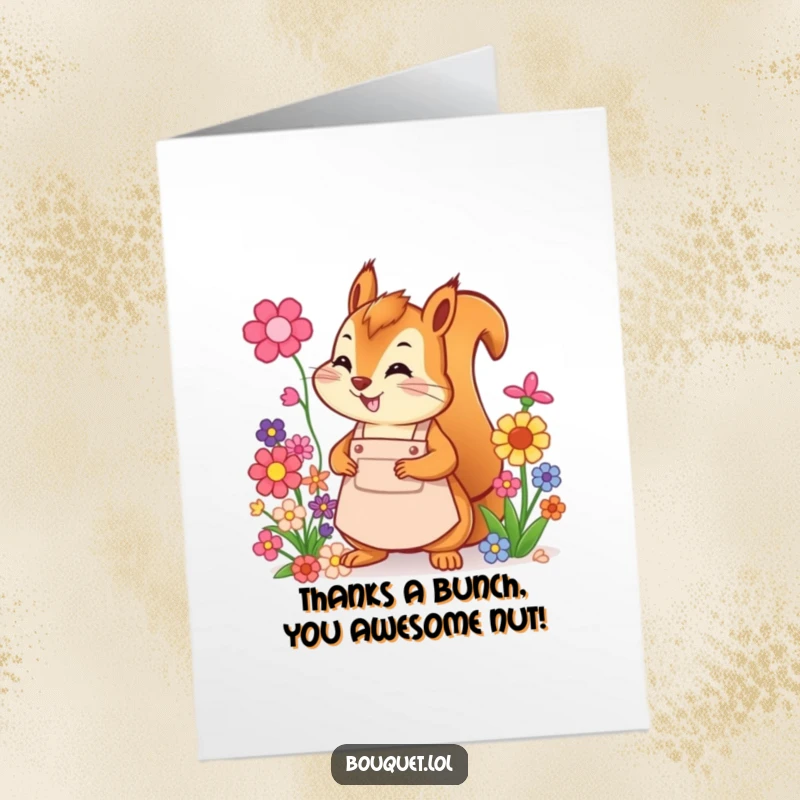 Funny Free Printable Thank You Card: Cheerful squirrel in apron artistically arranging a colorful flower bouquet, showing appreciation.