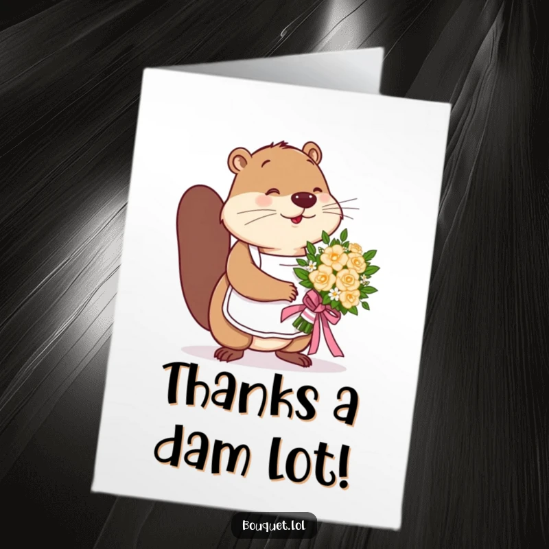 Funny Free Printable Thank You Card: Busy beaver wearing an apron, skillfully tying a ribbon on a beautiful bouquet for thanks.