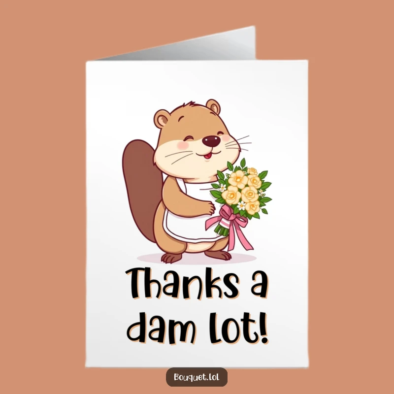 Free Printable Thank You Card: Beaver Tying Ribbon Humorous Downloadable