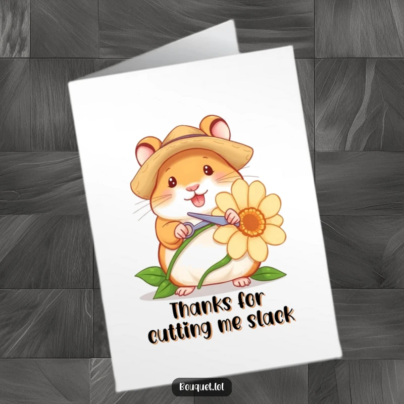 Funny Free Printable Thank You Card: Cheerful hamster in straw hat snipping a flower, a unique way to say thanks.