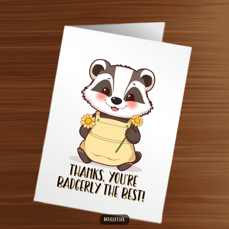 Funny Free Printable Thank You Card: Happy badger in an apron carefully placing a single daisy, expressing sincere appreciation.