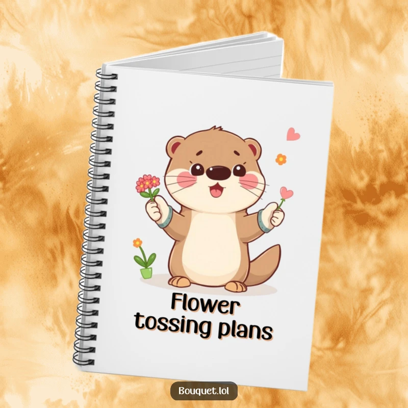 Funny notebook featuring a playful otter in gardening gloves, tossing a small bouquet of flowers, perfect for notes and sketches.
