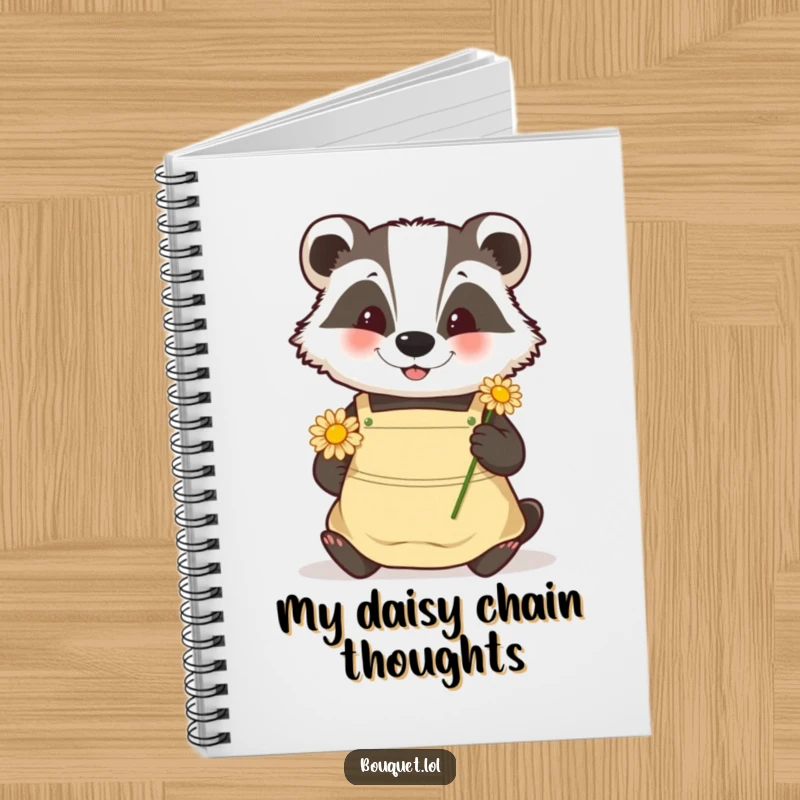 Funny badger gardener notebook, a happy badger carefully placing a daisy, perfect for nature notes and gentle thoughts.