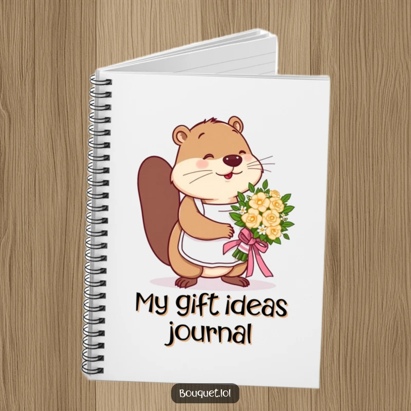 Funny beaver florist notebook, a busy beaver expertly tying a ribbon on a bouquet, perfect for noting creative endeavors.