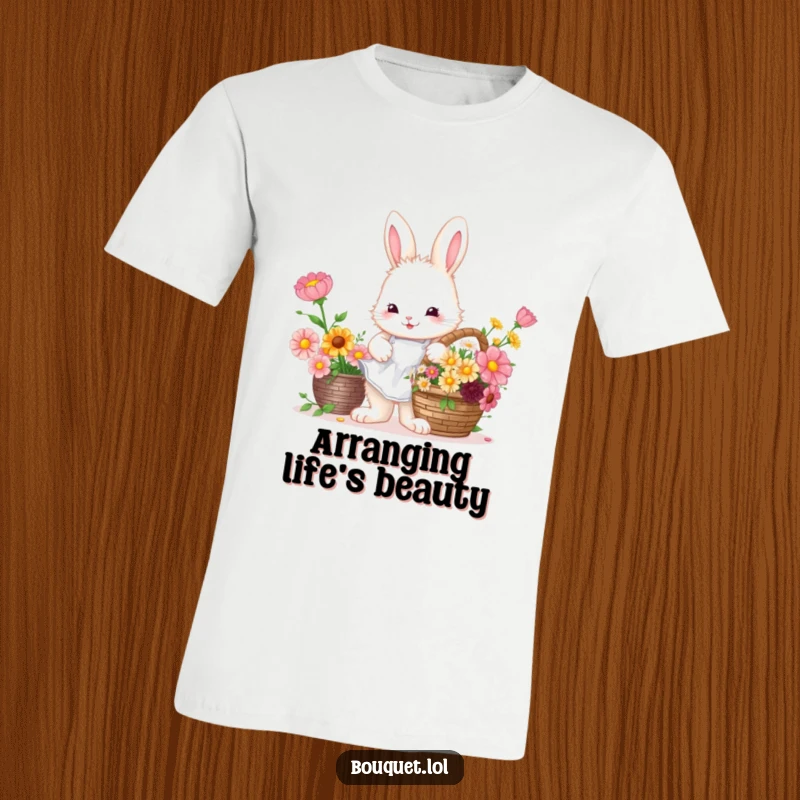 Funny Bunny Florist T-Shirt: A fluffy bunny wearing an apron excitedly arranges colorful blooms.