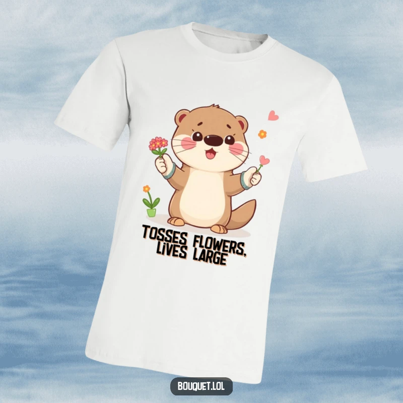 Funny t-shirt showcasing a playful otter in gardening gloves, joyfully tossing a small bouquet of flowers up in the air, garden enthusiast apparel.