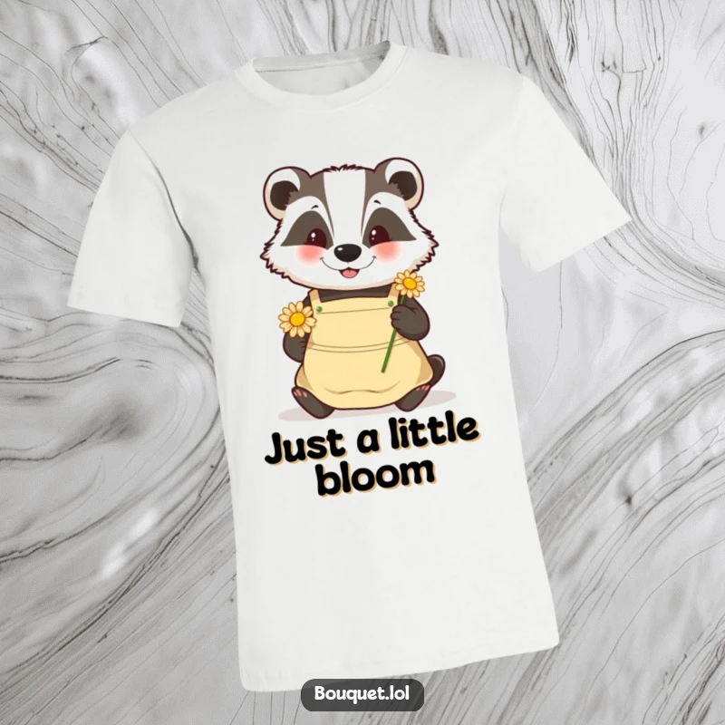 Funny badger gardener t-shirt, a happy badger in an apron carefully placing a single daisy, embodying gentle nature.