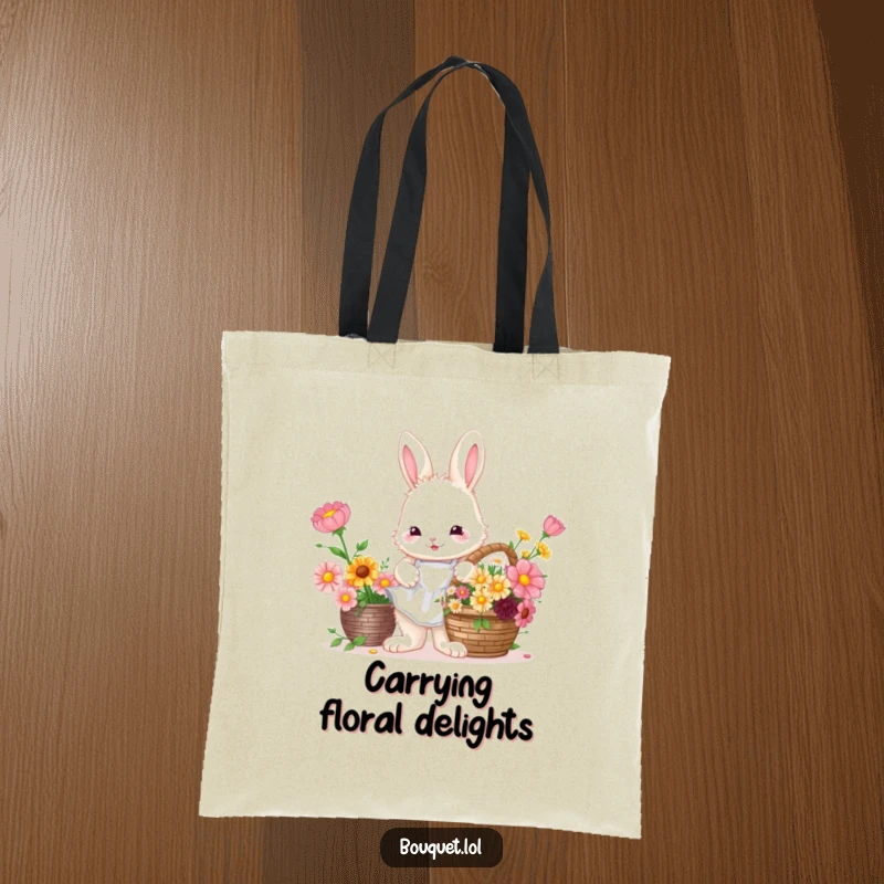 Funny Bunny Florist Tote Bag: A fluffy bunny arranging colorful flowers in a basket, a charming bag.