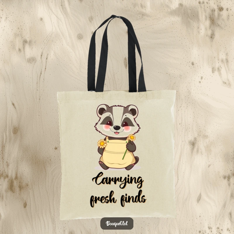 Funny badger gardener tote bag, a happy badger in an apron carefully placing a daisy, perfect for carrying nature's beauty.