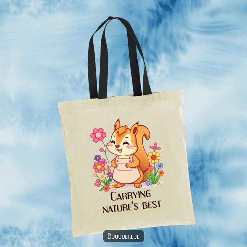Funny squirrel florist tote bag, a cheerful character energetically arranging colorful flowers, showcasing a love for nature and style.