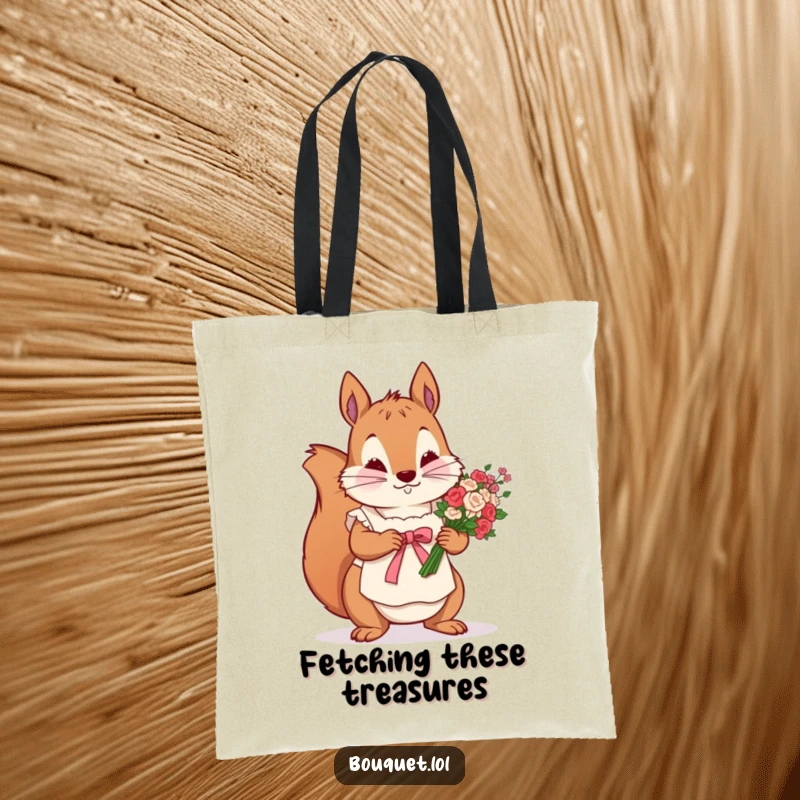 Funny tote bag with a determined squirrel in an apron, meticulously tying a ribbon around a flower bunch, perfect for carrying supplies.